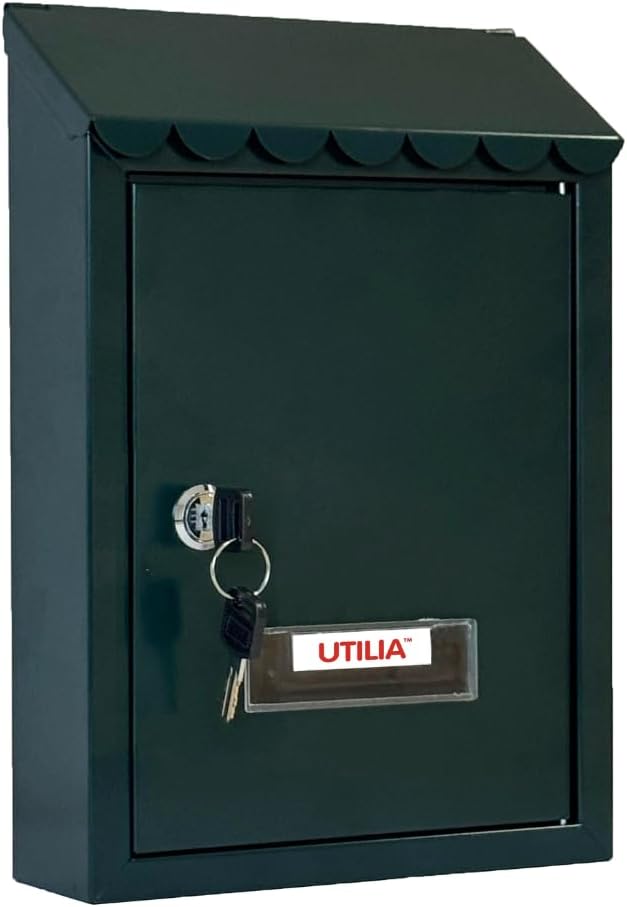 UTILIA Briefkasten Capri 21 x 6 x 30 cm, Briefhalter aus lackiertem Blech mit Dach, Schlitz oben hin