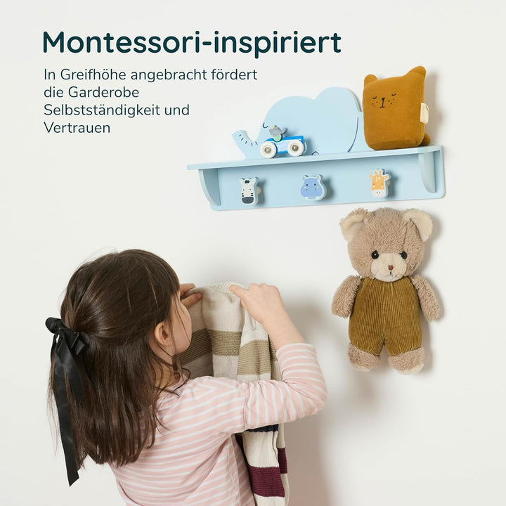 Twig &amp; Leaf Wandregal Kinderzimmer, Kindergarderobe mit Ablage und 3 Haken aus Massivholz, Schlafend