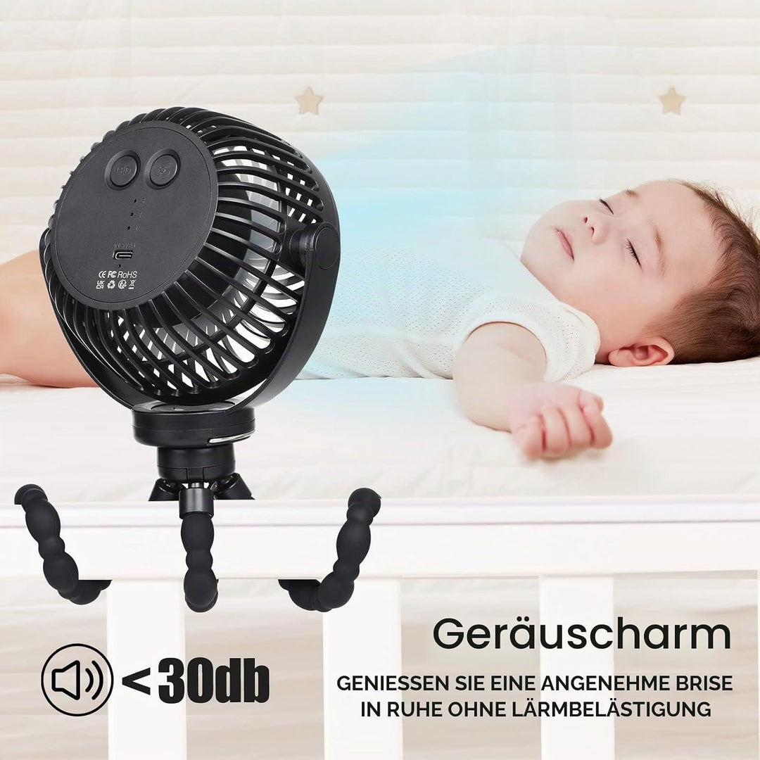 Hianjoo Kinderwagen Ventilator mit LED Leicht, 5200mAh Kleiner Tischventilator Camping Ventilator, 3