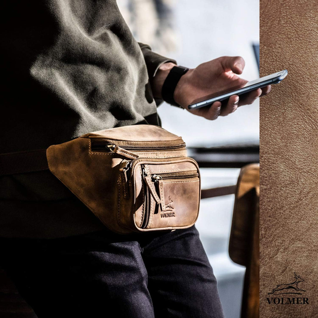 Fa.Volmer ® Gürteltasche in Echt-Leder für Damen und Herren | braun | Verstellbarer Gurt bis 130 cm