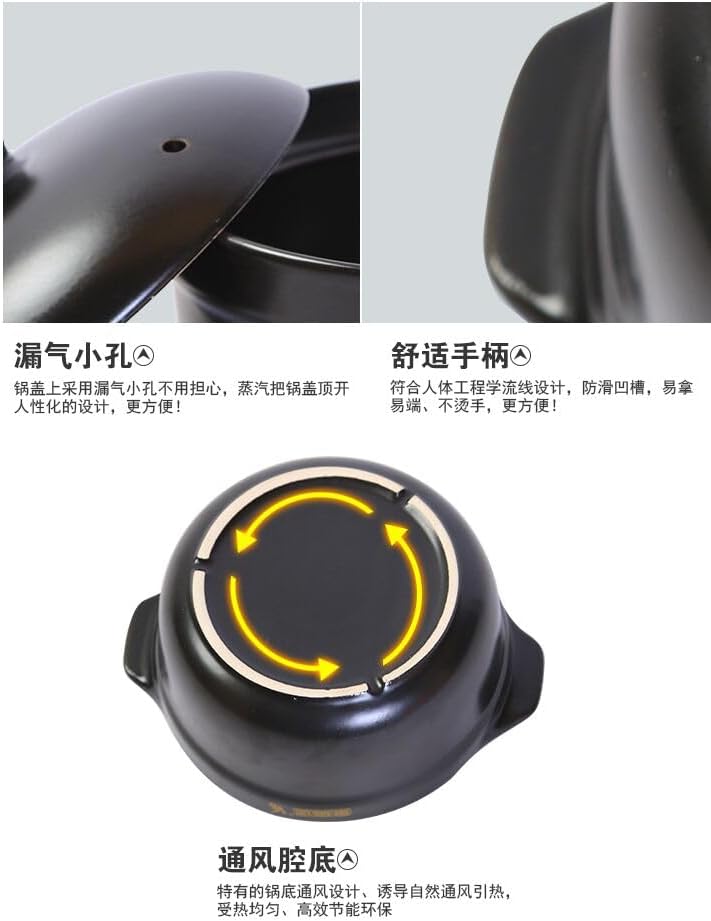 Kasserolle, Tontopf, hitzebeständig, Premium-Keramikschalen, Deckel, Kochen, Suppe, Schwarz (Keramik
