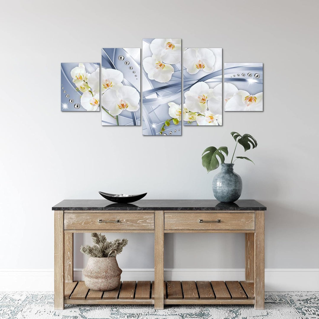 Runa Art Wandbilder Blumen Orchidee 5 Teilig Bild auf Vlies Leinwand Deko Wohnzimmer Abstrakt Blau G