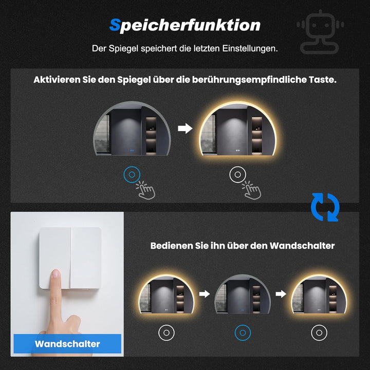 SONNI Badspiegel mit Beleuchtung Halbrund 70x50 cm, LED Spiegel mit Touch-Schalter und Dimmbar, Besc