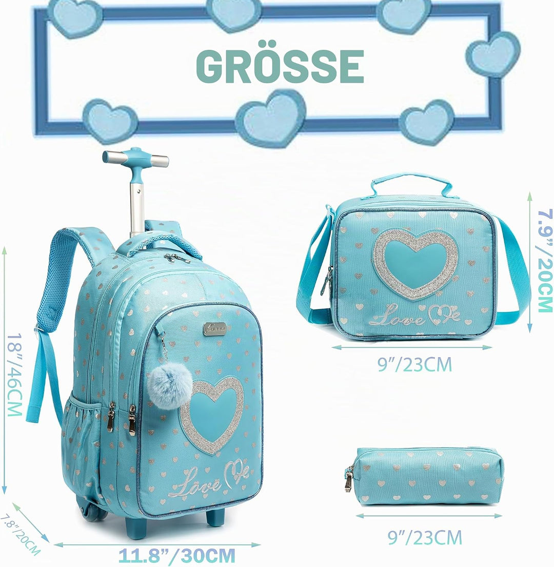 HTgroce Schulranzen mit Rollen für Mädchen, Kinderrucksack mit Rollen Trolley Schulrucksack für Mädc
