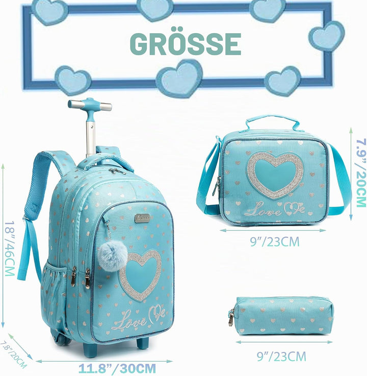 HTgroce Schulranzen mit Rollen für Mädchen, Kinderrucksack mit Rollen Trolley Schulrucksack für Mädc