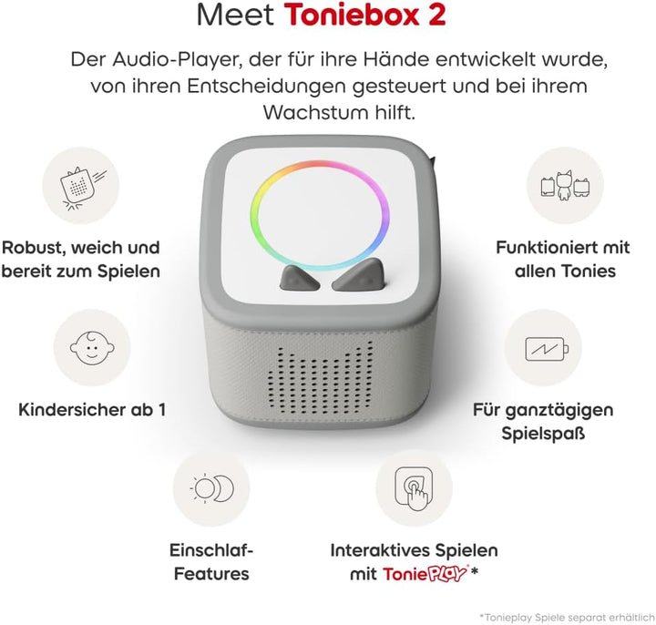 tonies Toniebox 2 Bundle Incl. 6 Schlummerbande und Lieblings-Kinderlieder, Mondgrau, Audioplayer fü