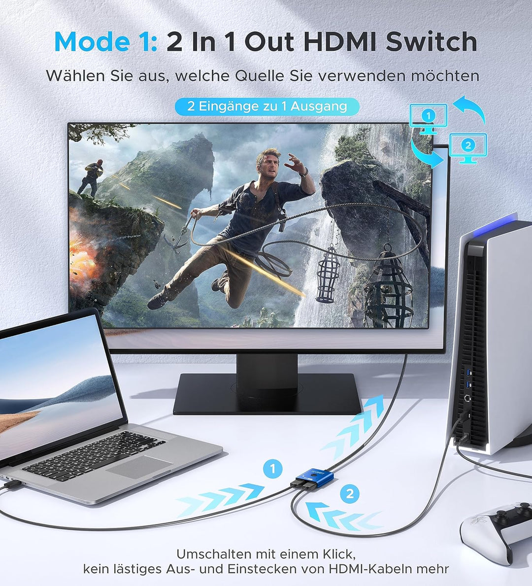 HDMI Switch 4K @ 60Hz, WARRKY HDMI Splitter 2 in 1 Out (1 Display at Time) 3.3 ft Braided Cable, Alu