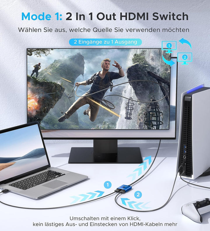 HDMI Switch 4K @ 60Hz, WARRKY HDMI Splitter 2 in 1 Out (1 Display at Time) 3.3 ft Braided Cable, Alu