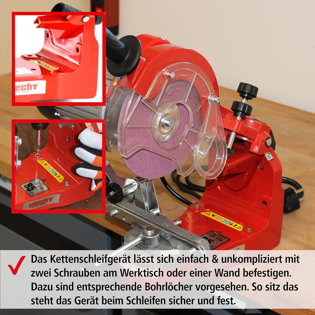 HECHT Sägeketten-Schärfgerät Kettenschärfer SET- Schleifkopf einstellbar, Kettenspannvorrichtung Ska