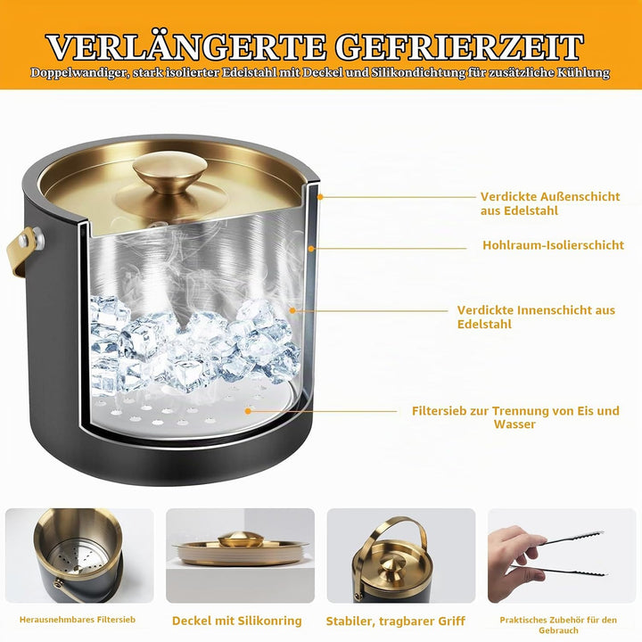 2L Eiseimer Eiswürfelbehälter Eisbehälter Edelstahl, Doppelwandiger Isolierter Eiskübel, Ice Bucket