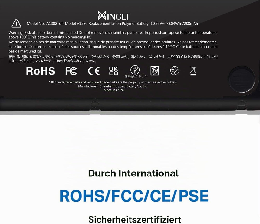 XINGLT A1382 A1286 Akku Ersatz Laptop Akku für a1286 MacBook Pro 15 Zoll A1382 Akku Ersatz Hohe Leis
