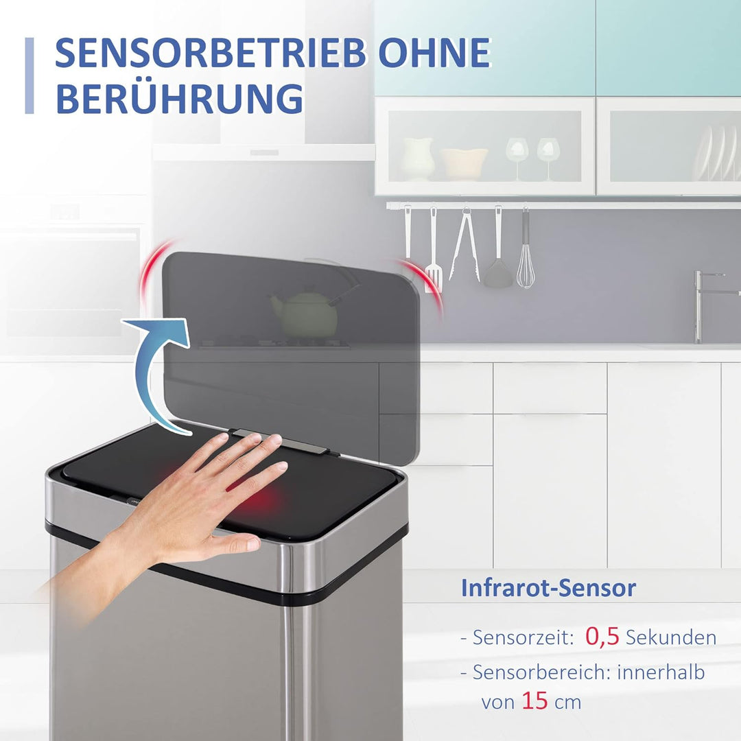 HOMCOM Mülleimer Abfalleimer mit Sensor 72 l Mülltrennsystem 3 Fächer Edelstahl Silber 42 x 30 x 81