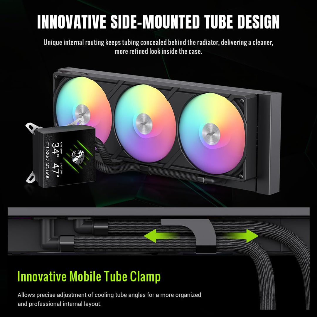 GAMEMAX GLACIER 360 BK AIO Flüssigkeits CPU Kühler, 360mm Radiator, 3,95" 720×720 LCD-Display, seitl