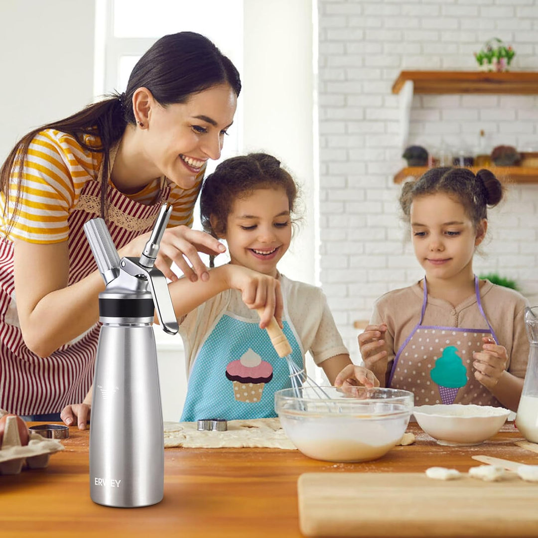 ERWEY Sahnespender 500ML, Sahnesyphon Aluminium, Sahnesprüher Auslaufsicherer Einfach Reinigen mit 3