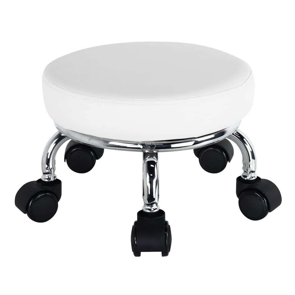 WKWKER Rollsitz PU Leder Low Round Rollhocker Kleiner Hocker mit Universal Drehrollen Rollen für Hom
