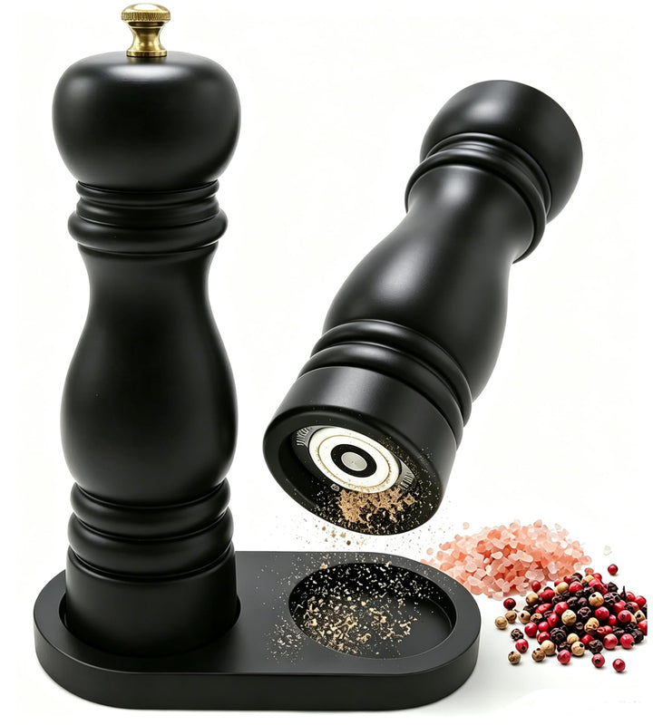 Salz und Pfeffermühle Set mit Tablett, 2 Stück manuelle Salz Pfefferstreuer, 21cm/8 Zoll Keramikmahl