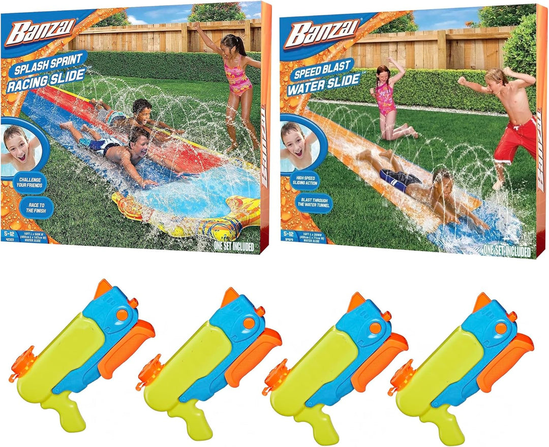 BANZAI Outdoor Slide Party Pack – 1 Single- Rasen-Wasserrutsche & 1 Duo-Rasen-Wasserutsche & 4 Wasse