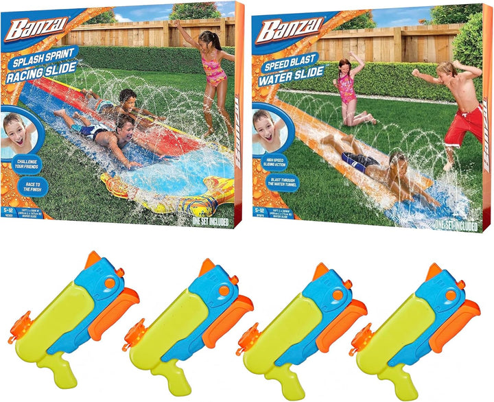 BANZAI Outdoor Slide Party Pack – 1 Single- Rasen-Wasserrutsche & 1 Duo-Rasen-Wasserutsche & 4 Wasse