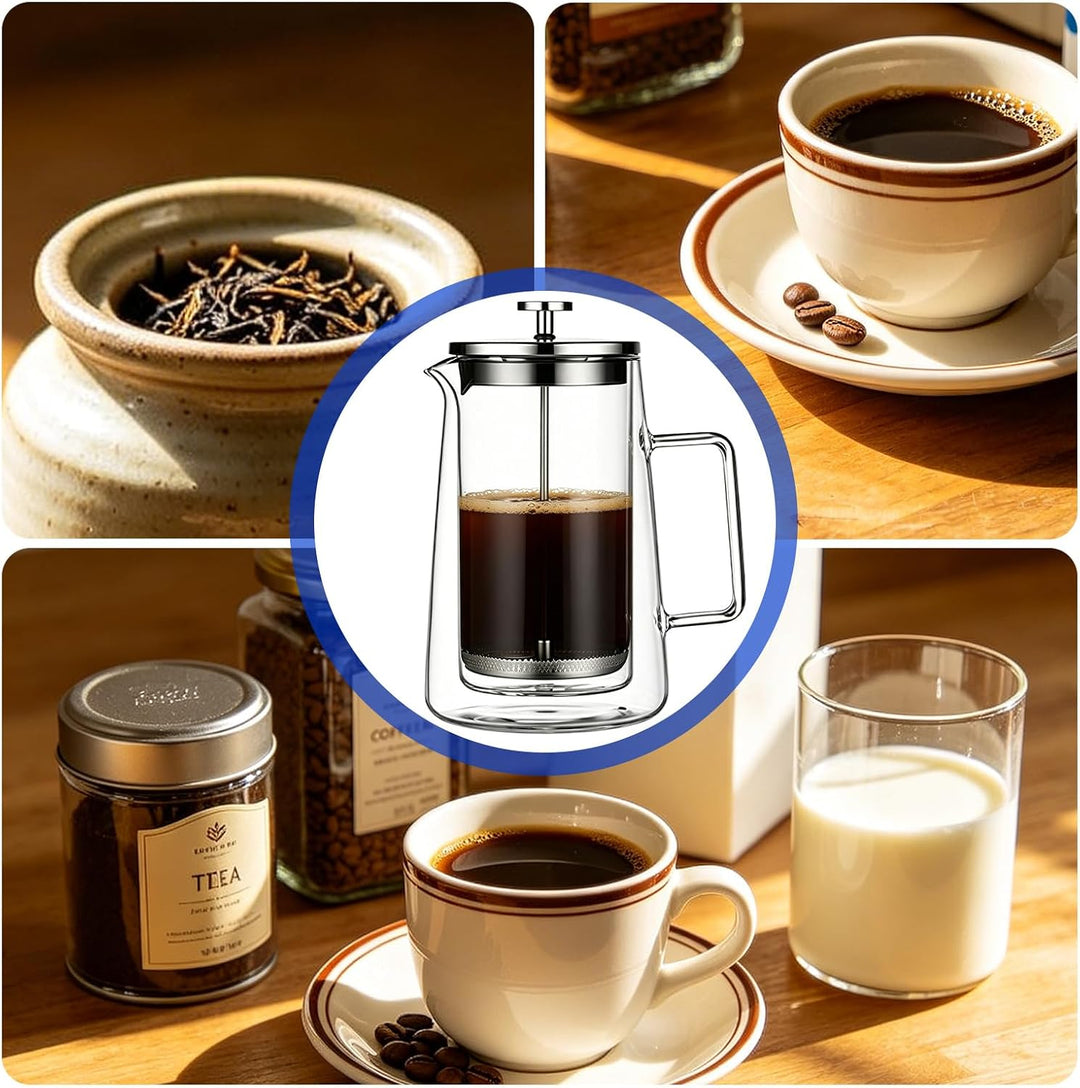 French Press 1 Liter Kaffeepresse, Kaffeebereiter Doppelwand Glas Kaffeepresse mit Edelstahl-Filter,