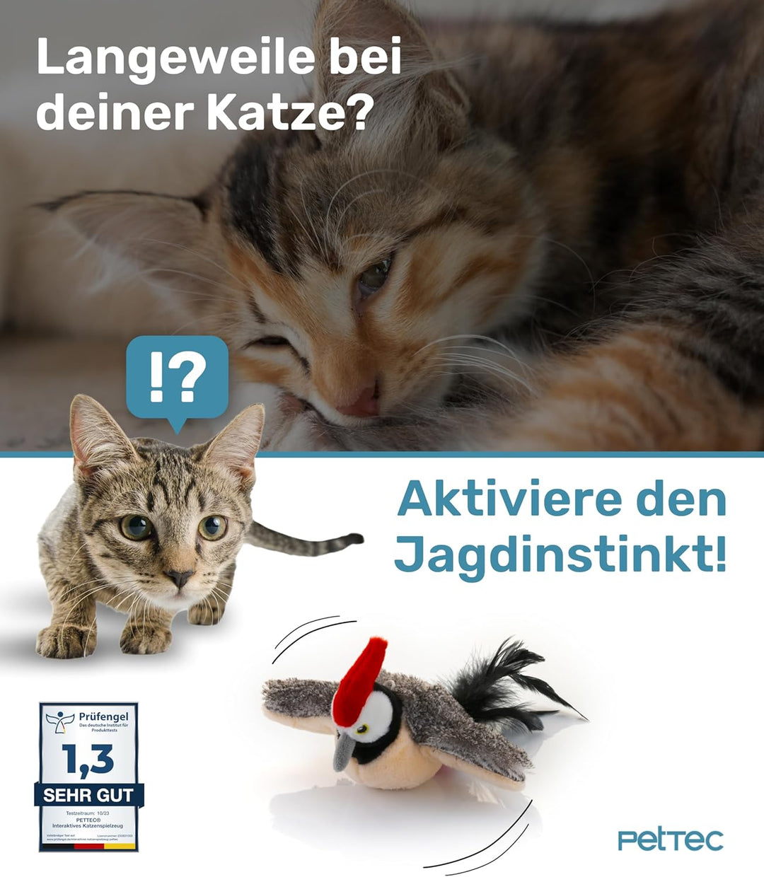 PetTec - Plush Toy Specht Katzenspielzeug interaktiv zur Selbstbeschäftigung - Plüschtier Katze bewe