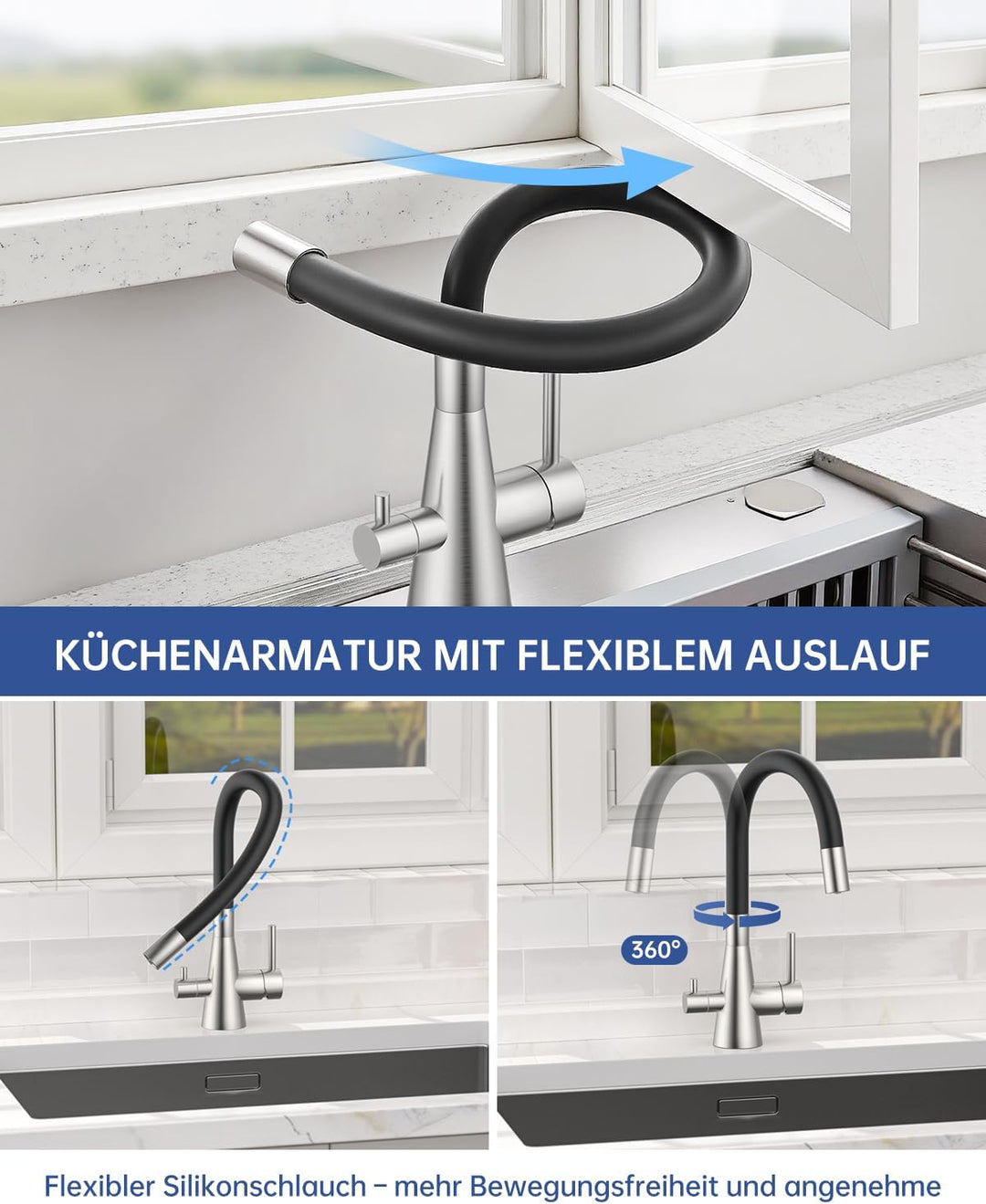 DAYONE 3 Wege Schwarz Wasserhahn Küche Flexibel, 3 in 1 Mischbatterie für Wasserfilter Osmose, 360°