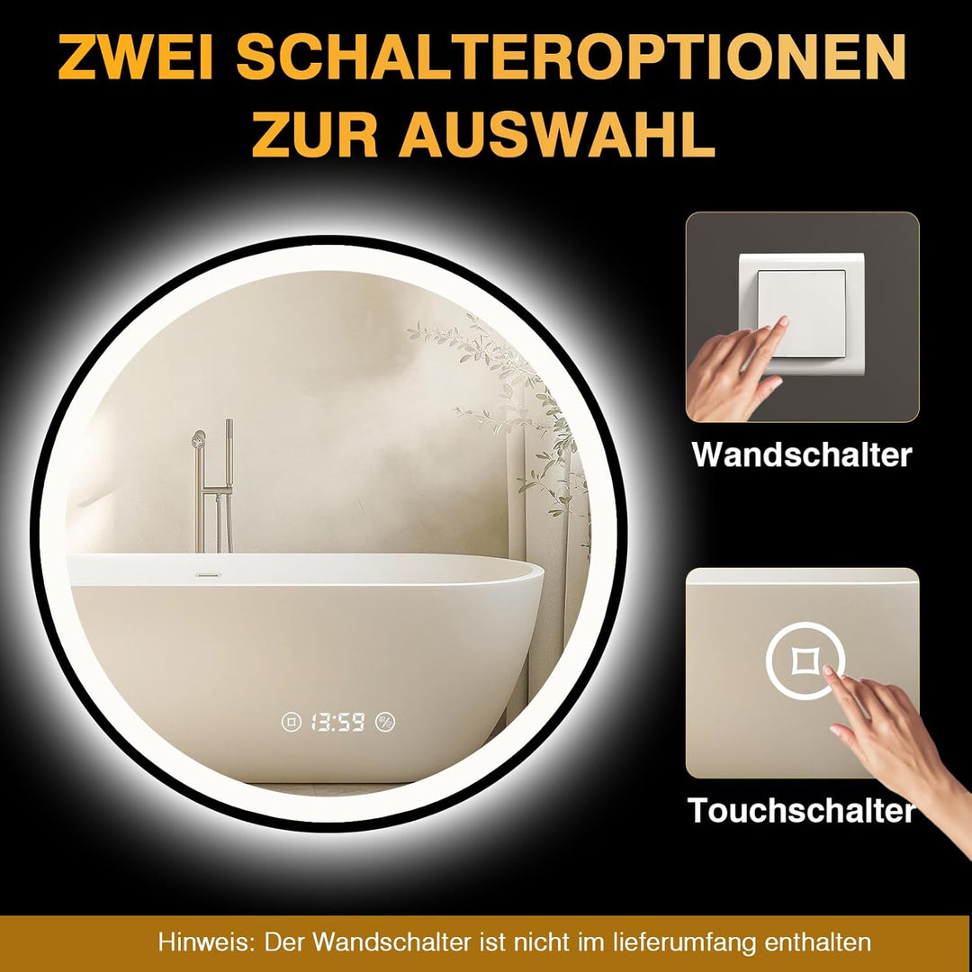 LED Spiegel mit Uhr - 70cm Runder Spiegel mit Beleuchtung Antibeschlag, Dimmbar, 3 Lichtfarben, Ener