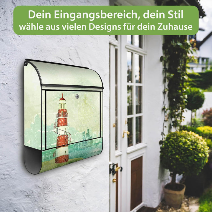 banjado® Design Briefkasten mit Motiv Alter Leuchtturm 39x47x14cm &amp; 2 Schlüssel - Briefkasten Stahl