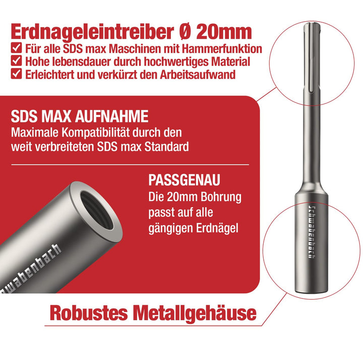 SCHWABENBACH ® SDS MAX Erdnageleintreiber zum Einstecken von Tiefenerder 250 x Ø 32 mm, Innen Ø 20 m