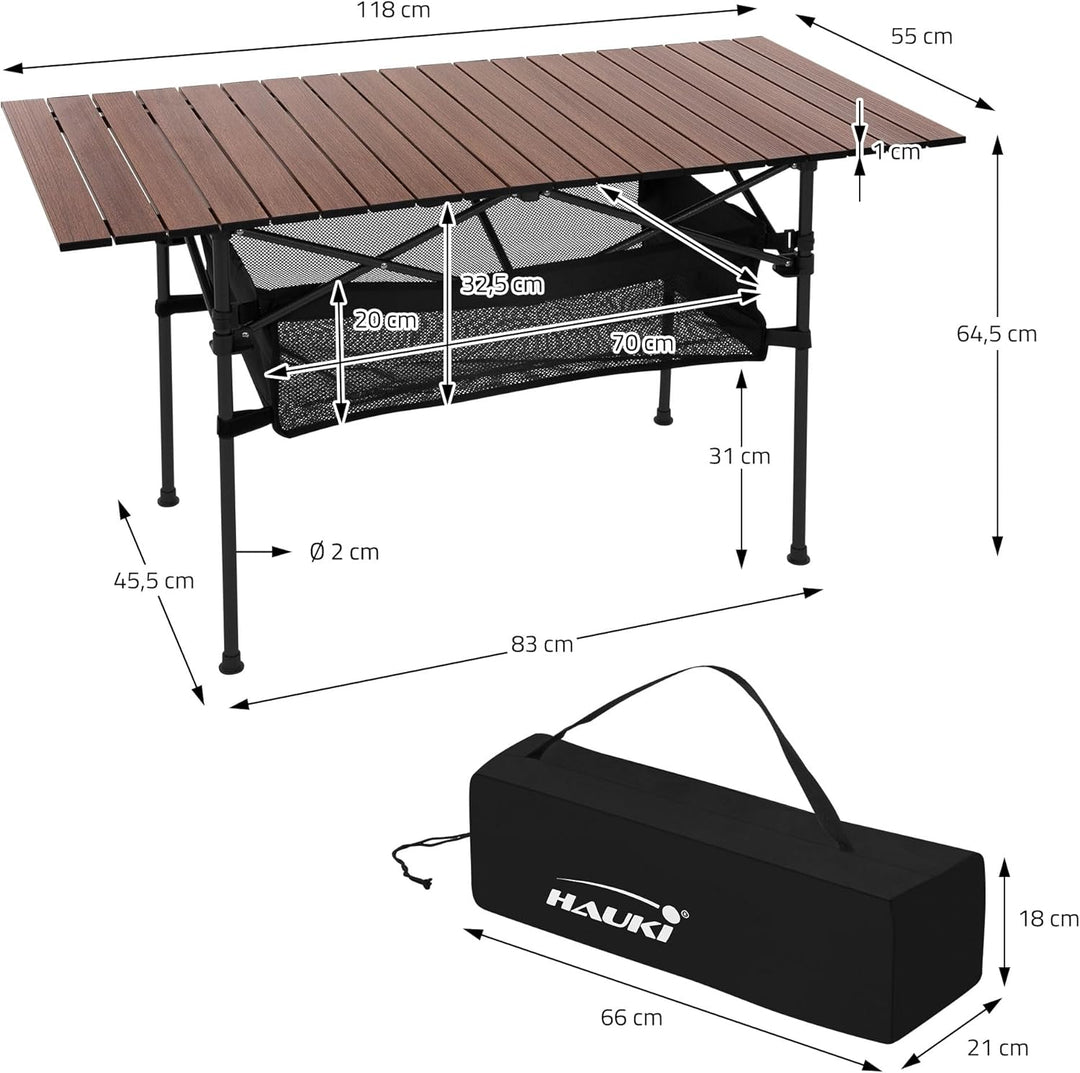 Hauki Campingtisch faltbar Braun, 118 x 55 x 64,5 cm, Aluminium Klapptisch, Aufrollbare Tischplatte,