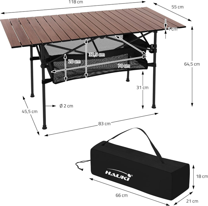 Hauki Campingtisch faltbar Braun, 118 x 55 x 64,5 cm, Aluminium Klapptisch, Aufrollbare Tischplatte,