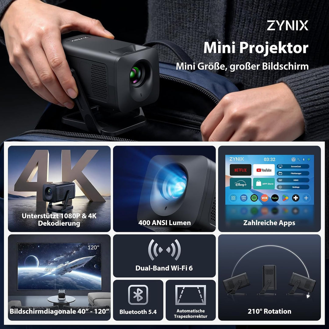 ZYNIX Smart Mini Beamer mit Android 14, unterstützt 4K & 1080P, WLAN Projektor mit WiFi 6 & Bluetoot