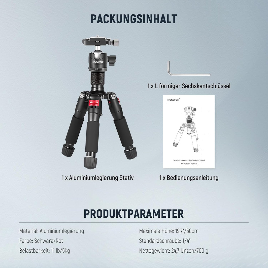 NEEWER Mini Stativ für Kamera mit 360°Kugelkopf Aluminiumlegierung 20"/ 50cm 1/4" Arca Type QR Plate