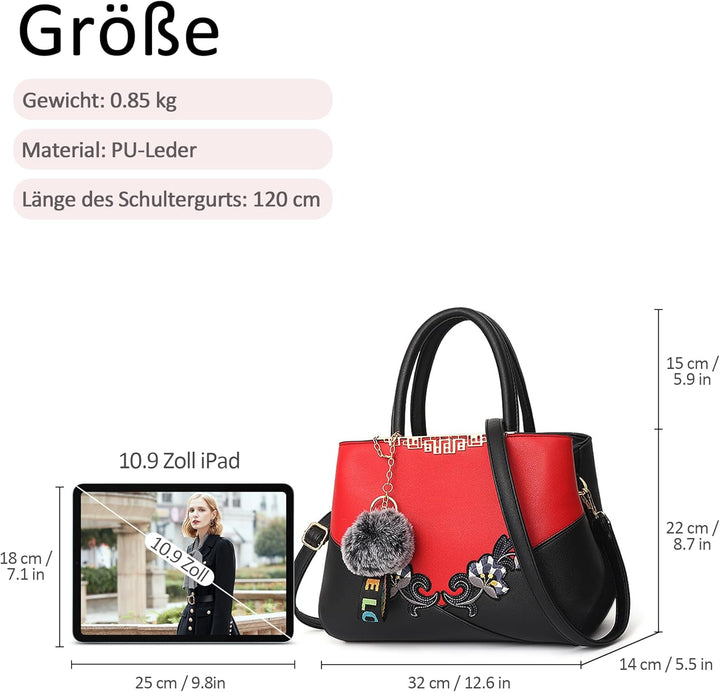 DORRISO Damen Handtasche Mode Stickdesign Schultertasche Grosse Kapazität Umhängetasche Casual Reise