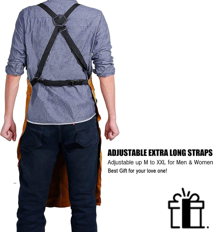 QeeLink Schweisserschürze Leder mit 6 Taschen, Lederschürze – Flammhemmende & Hitzebeständige Arbeit