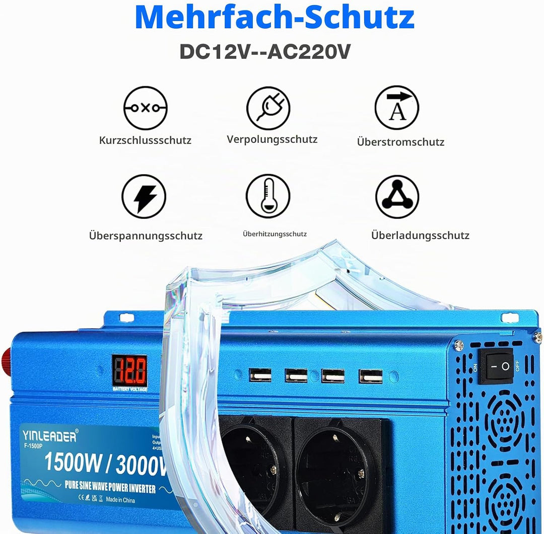 Wechselrichter 1500W 12V 230V Reiner Sinus Spannungswandler mit 2 AC-Steckdose 4 USB 2 LED