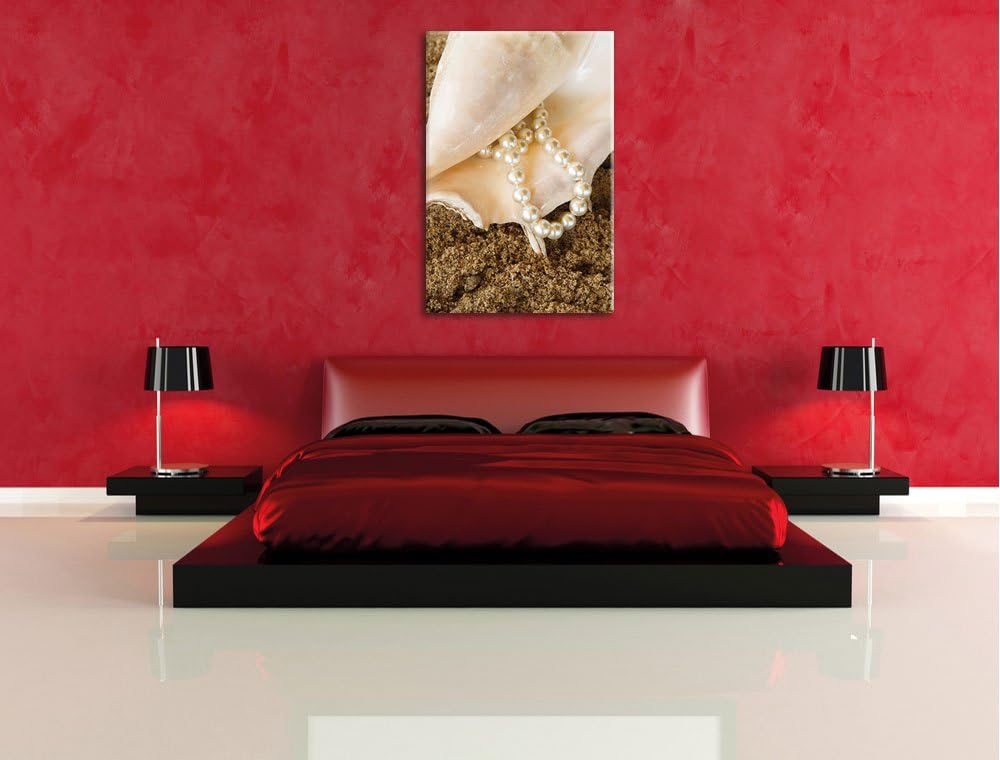 Pixxprint Muschel mit Perle Sand Strand / 100x70cm Leinwandbild bespannt auf Holzrahmen/Wandbild Kun