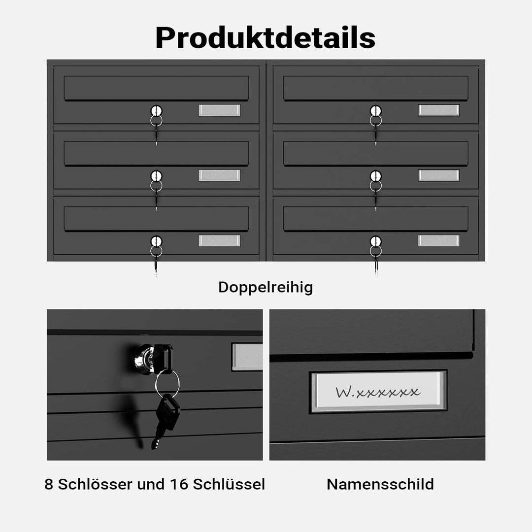 Wiltec 8er Briefkastenanlage schwarz 945 x 270 x 1500 mm, Standbriefkasten mit 2x4 Fächern, Schlüsse