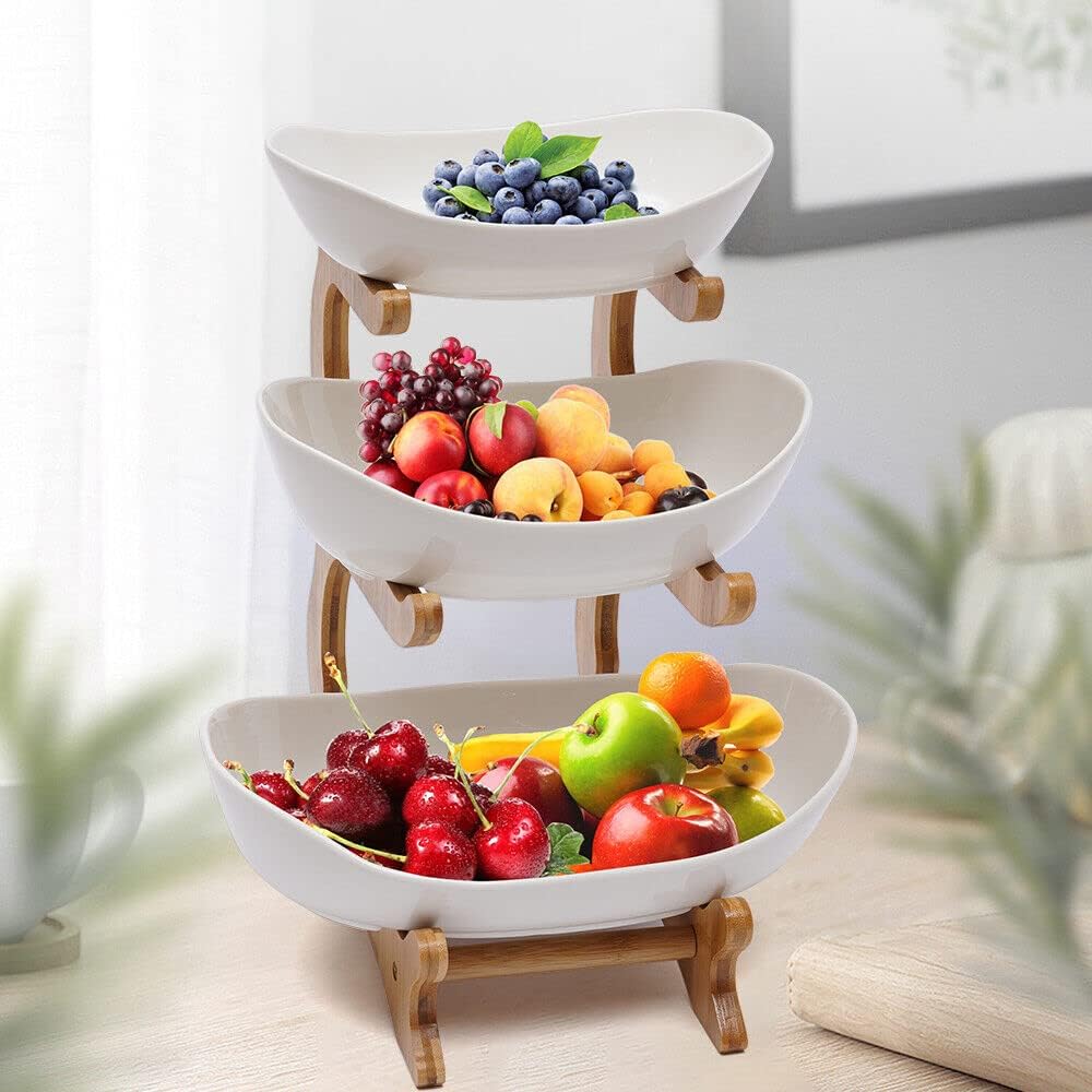 Kunststoff 3 Tier Obst und Snack Tray mit natürlichen Bambus-Ständer für Obst, Brot, Snacks, Obstkor