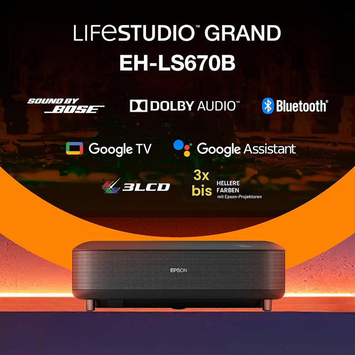 Epson Lifestudio Grand EH-LS670B, Smart-Laserprojektor, 4K PRO-UHD, Ultrakurzdistanz, Sound by Bose,