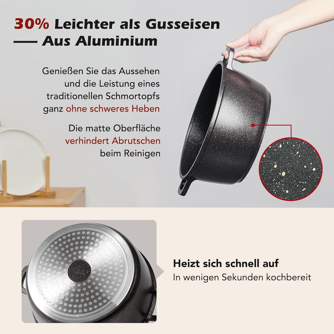Bräter mit Deckel Schmortopf Induktion 28 cm Brot Backen Dutch Oven Stil, leichter als Gusseisen Top