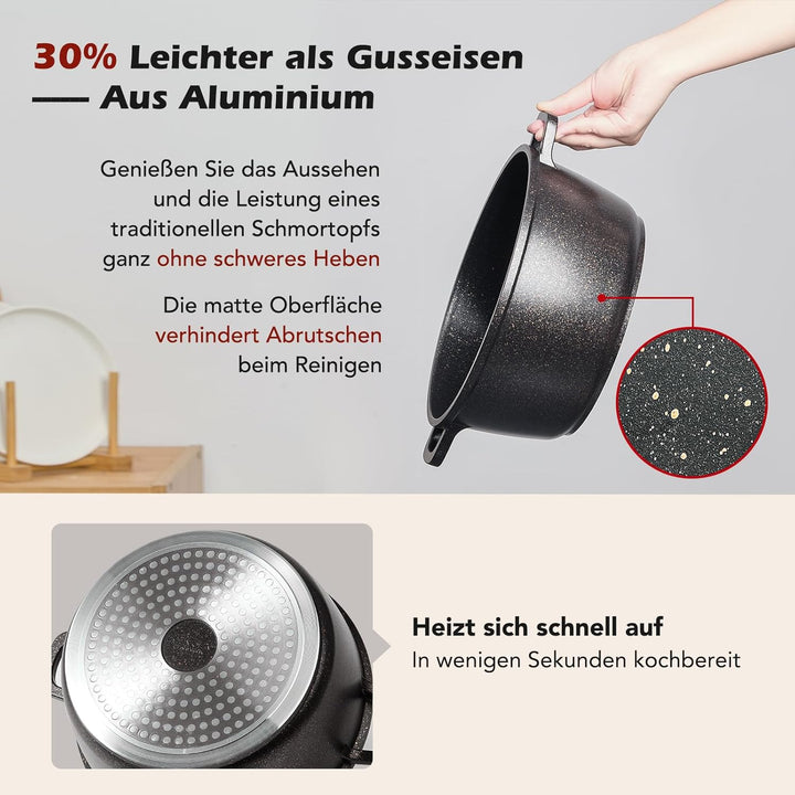 Bräter mit Deckel Schmortopf Induktion 28 cm Brot Backen Dutch Oven Stil, leichter als Gusseisen Top