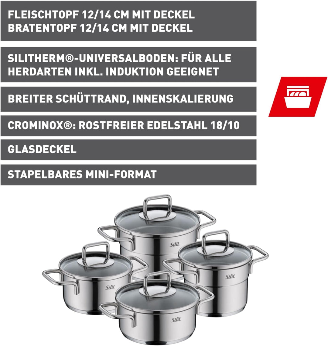 Silit Extra Cook Kochgeschirr-Set 4-teilig, Kochtöpfe 12/14 cm mit Glasdeckel, Innenskalierung, brei