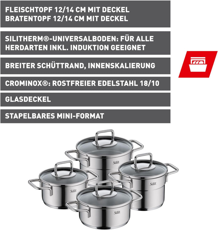 Silit Extra Cook Kochgeschirr-Set 4-teilig, Kochtöpfe 12/14 cm mit Glasdeckel, Innenskalierung, brei
