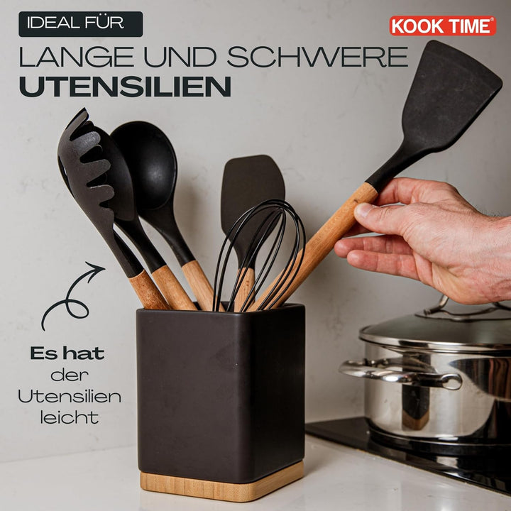 KOOK TIME Küchenutensilienhalter - Utensilienhalter küche aus keramik und Bambus - Quadratischer küc
