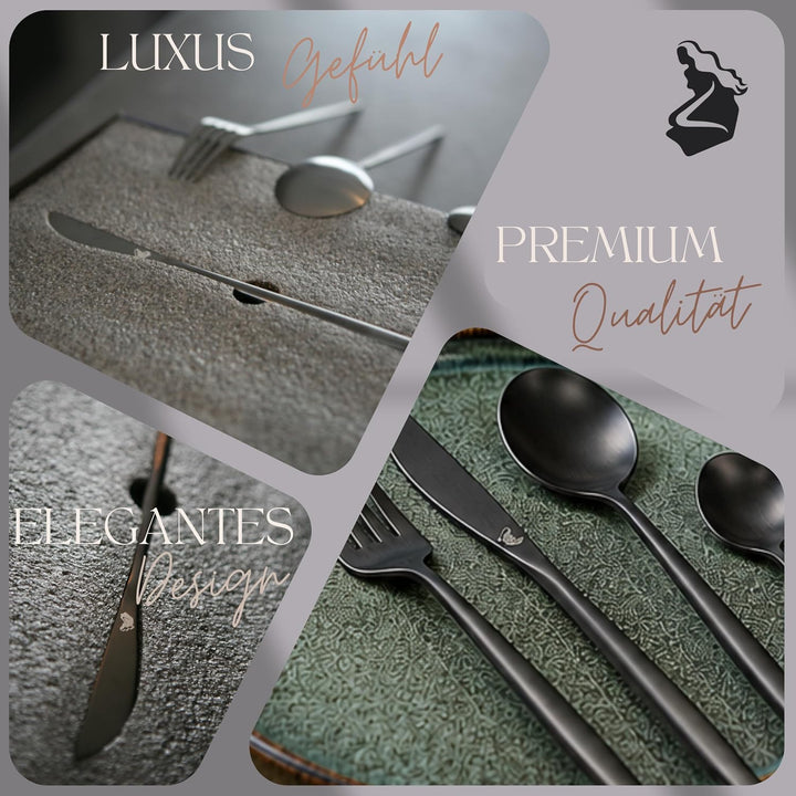 LORELEY® MITTELRHEIN Germany Premium Besteck Set Schwarz Matt – 24 teilig für 6 Personen – Edelstahl