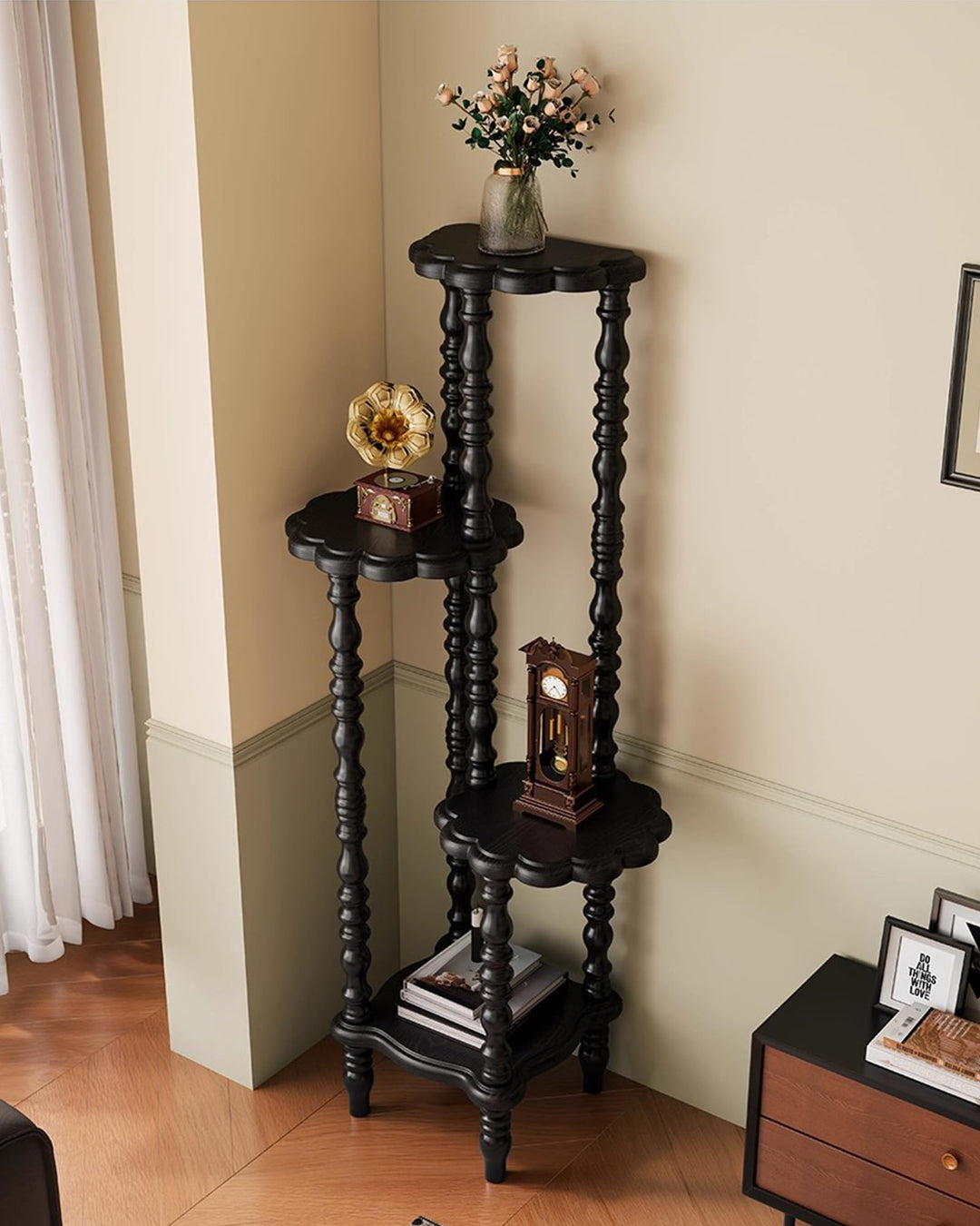Vintage Eckregal mit 4 Ebenen, Massives Holz Standregal Lagerregal mit Eleganten Spindelbeinen, Büch