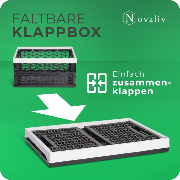 Novaliv Klappboxen faltbar stabil | 4x 30L Grau Schwarz baskets Einkaufskiste| Klappkisten Set Trage