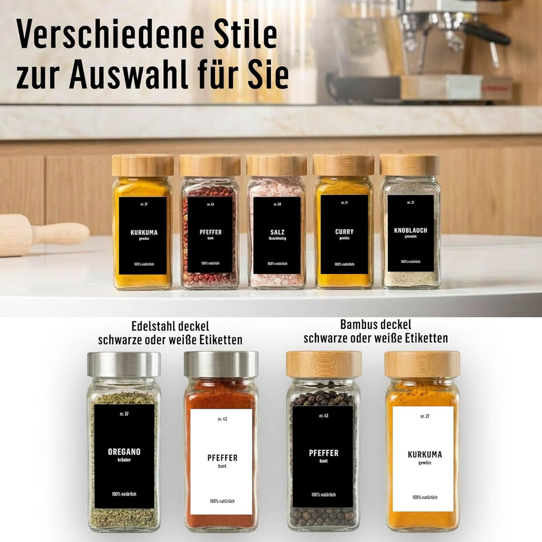 Deco Haus® Gewürzgläser eckig mit Holzdeckel 24er Set [+ Etiketten & Streueinsatz] - Gewürzdosen Set