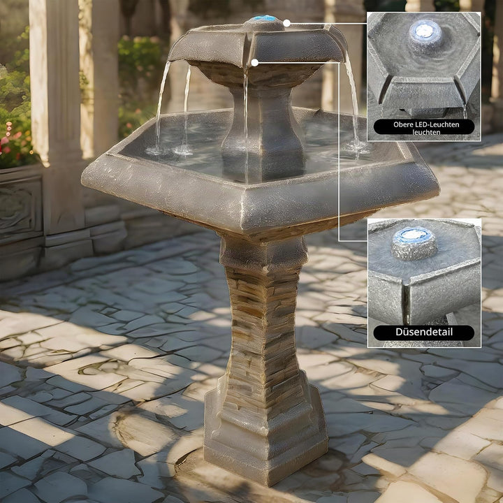 Köhko® Hexagon Eleganz Gartenbrunnen mit LED Beleuchtung, Wasserfall, Vogeltränke, Gartendeko, Sprin