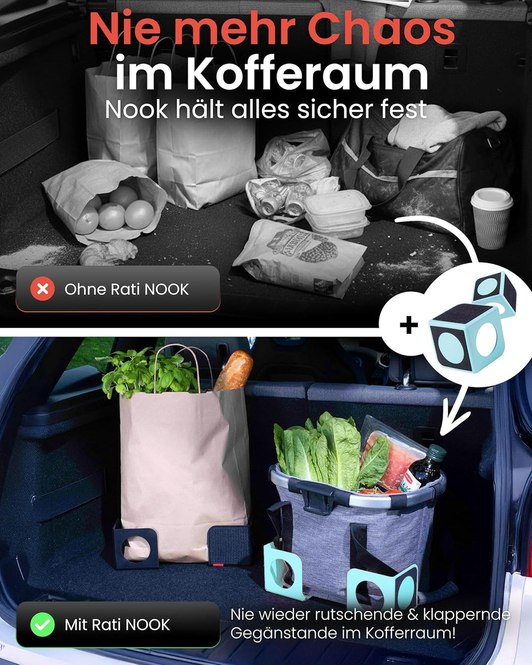 rati Nook 2x Kofferraum Organizer Klett & Antirutschpads Gepäckfixierung Kofferraum - Auf jeder Ober